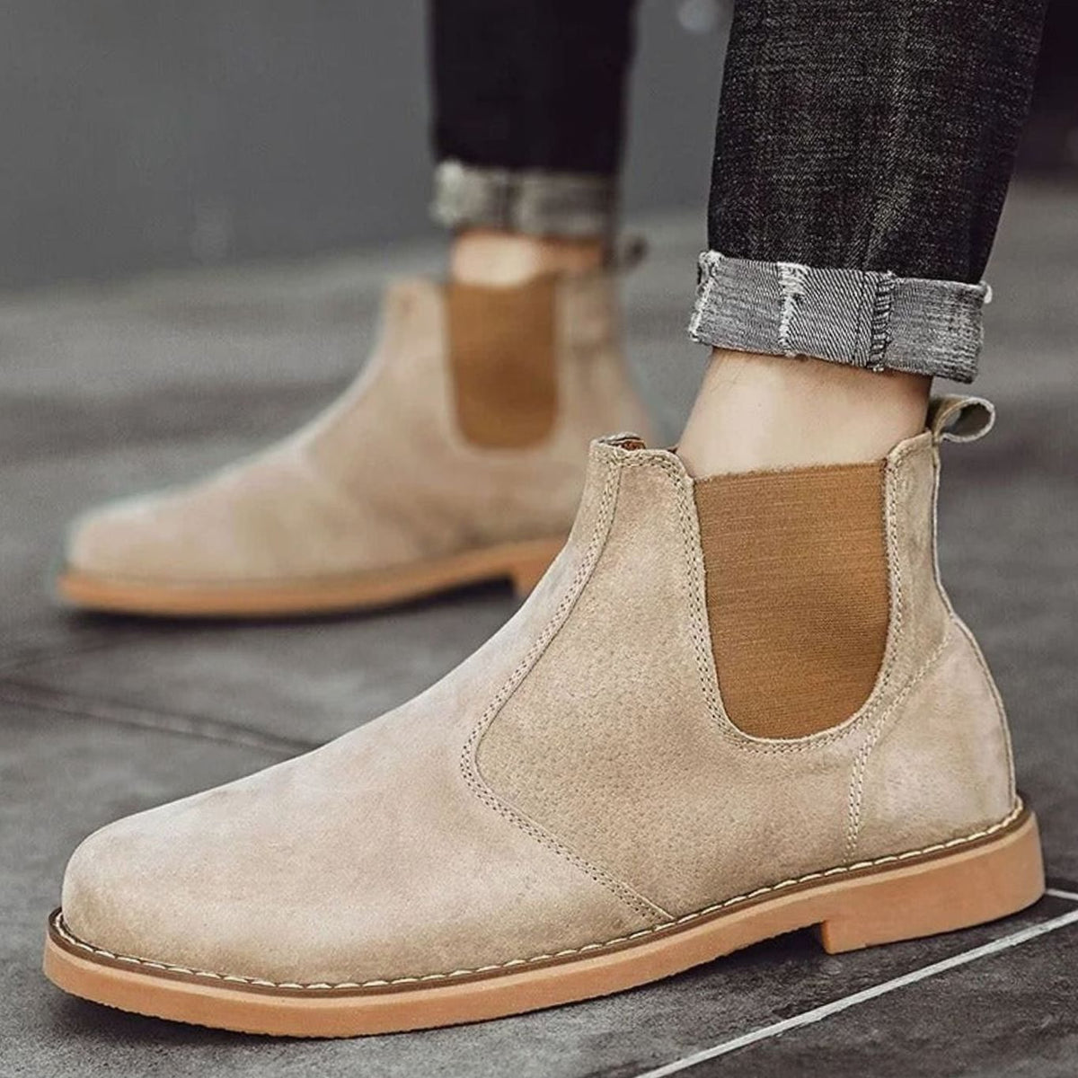 Men's Leather Slip-On Chelsea Boots Rubber Sole