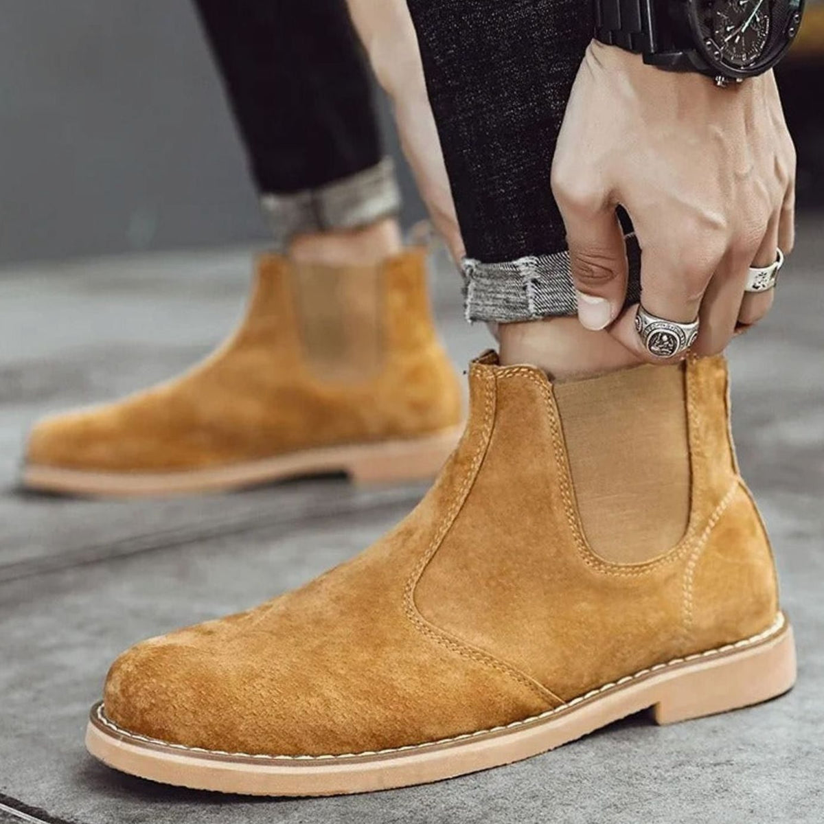 Men's Leather Slip-On Chelsea Boots Rubber Sole - Khaki