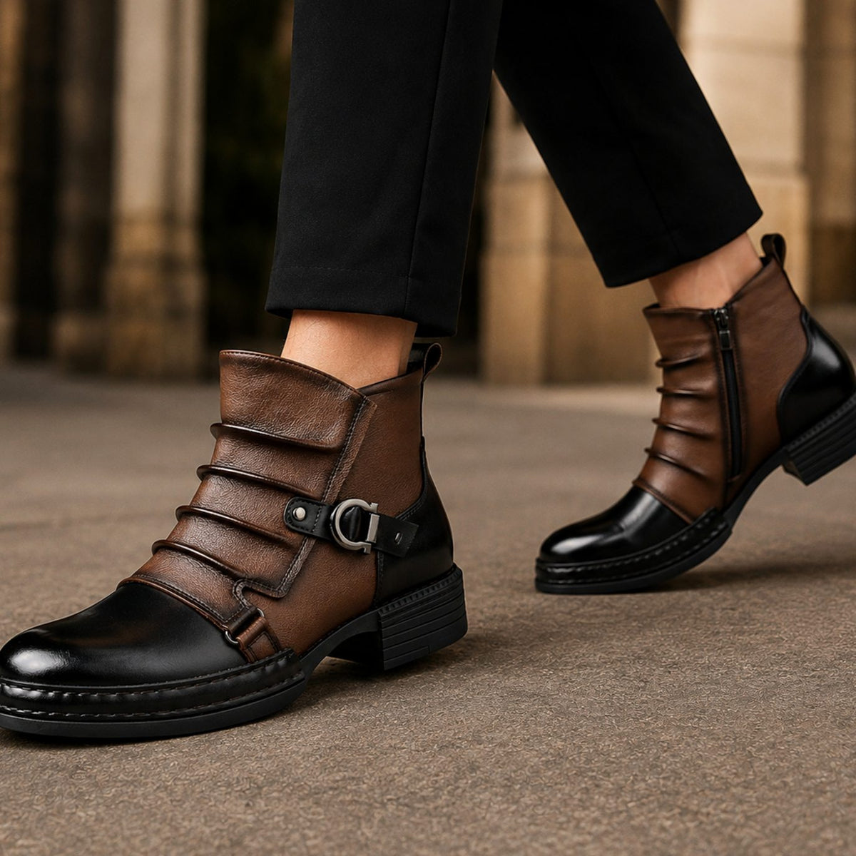 Men's Leather Two-Tone Buckle Ankle Boots Side Zip - Brown