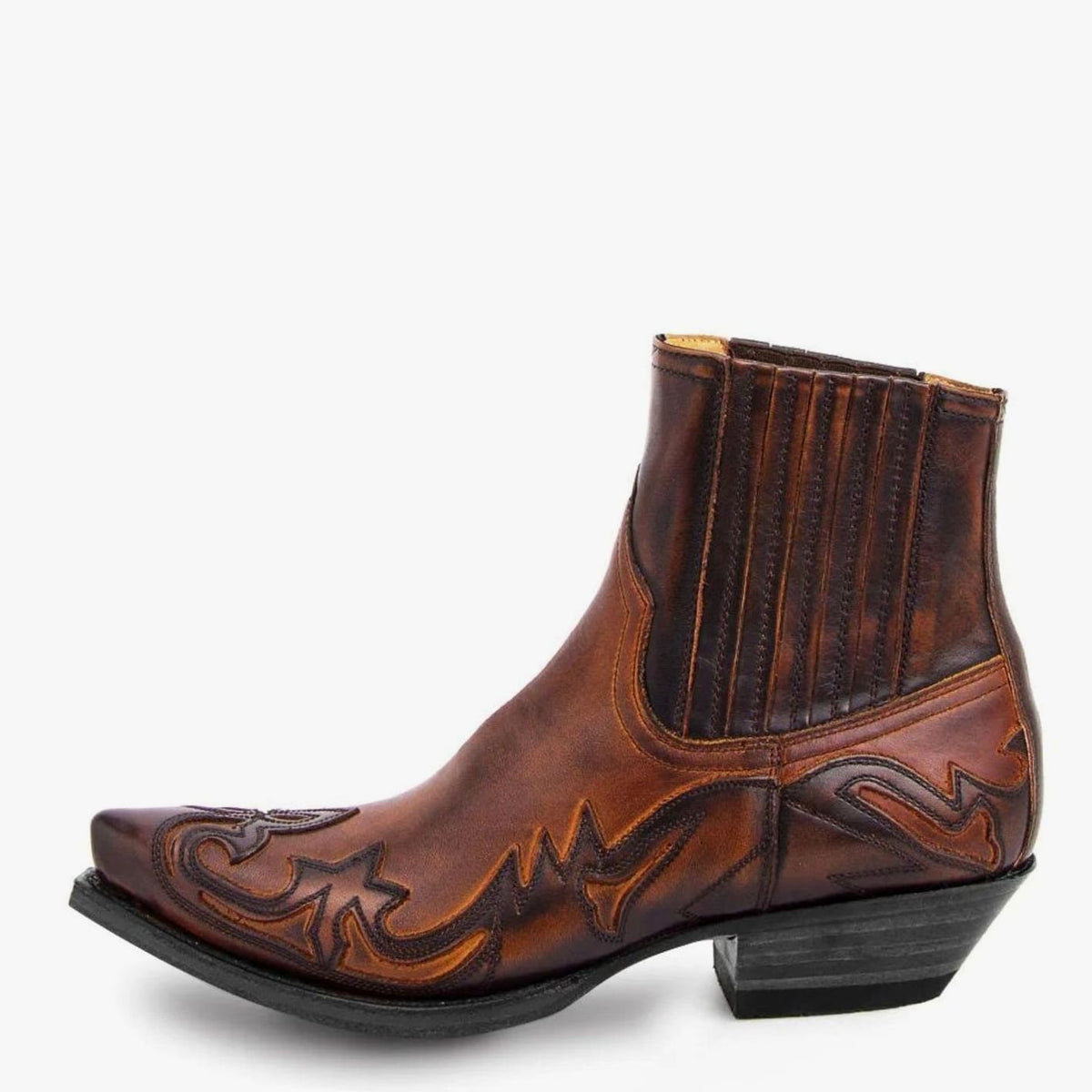 Men's Leather Western Embroidered Cowboy Ankle Boots - Brown