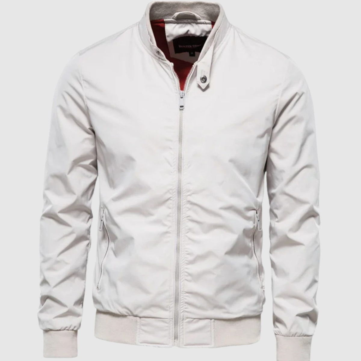 Men's Lightweight Bomber Jacket Zip-Up Ribbed-Cuff Harrington - White