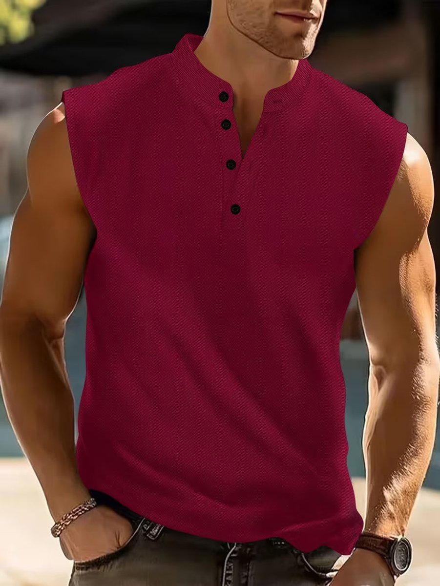 Men's Lightweight Breathable Henley Sleeveless Vest Top - Red