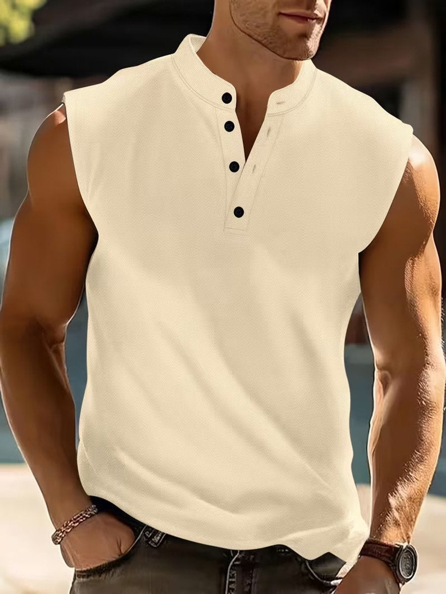 Men's Lightweight Breathable Henley Sleeveless Vest Top - Beige