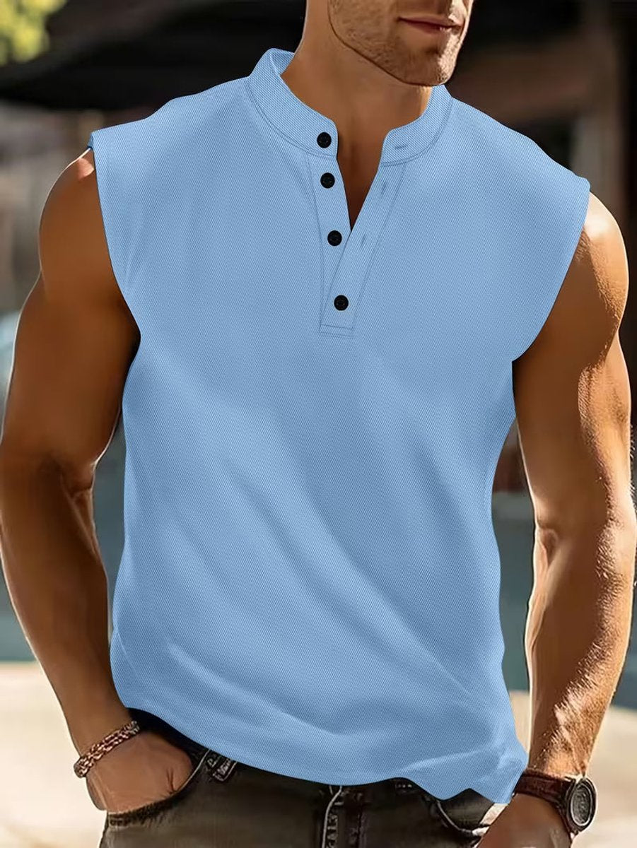 Men's Lightweight Breathable Henley Sleeveless Vest Top - Light Blue