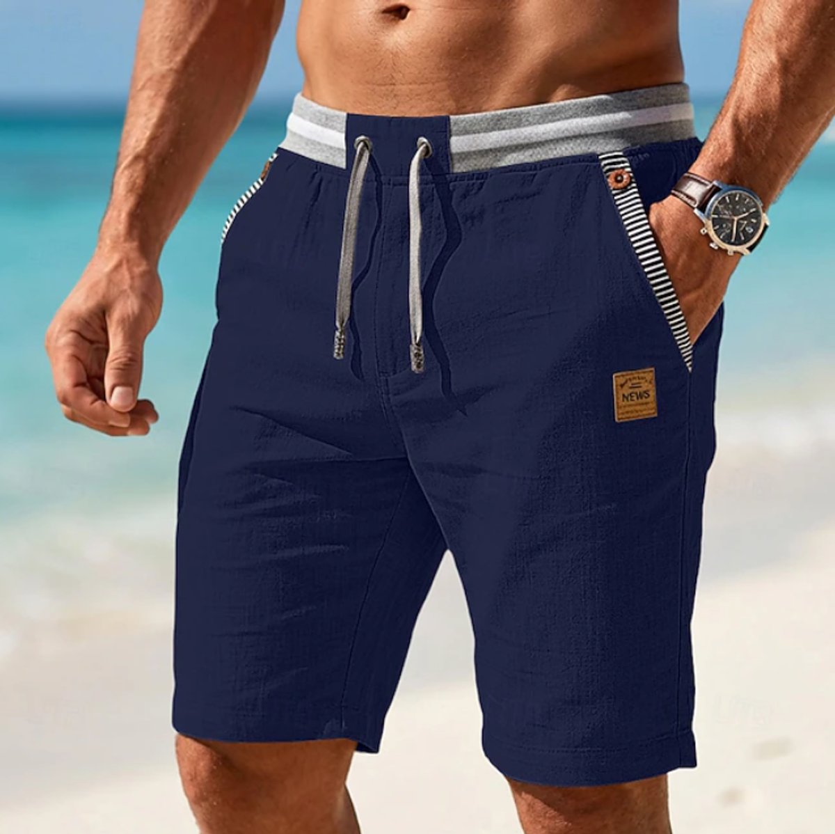 Men's Lightweight Drawstring Linen Casual Summer Shorts - Navy Blue