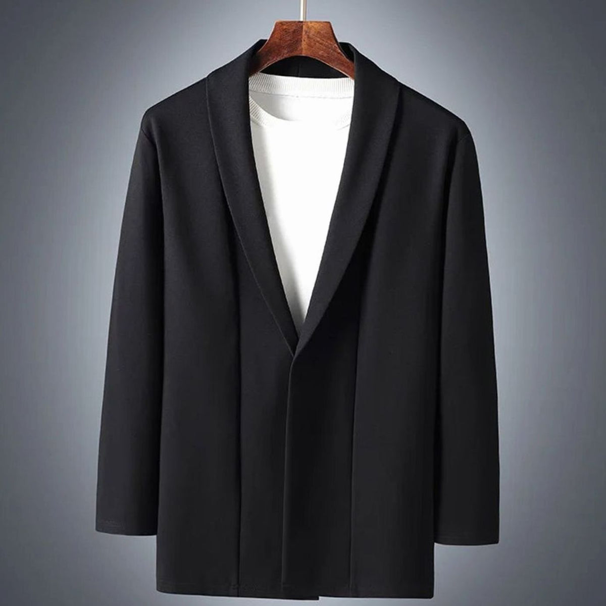 Men's Lightweight Open-Front Shawl-Collar Cotton Blend Overcoat - Black
