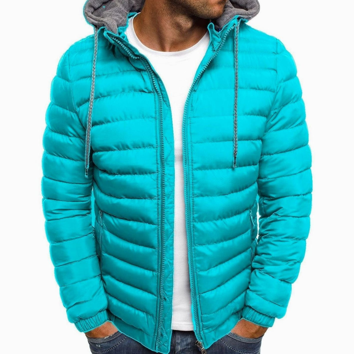 Men's Lightweight Quilted Hooded Puffer Jacket Thermal Insulated - Lake Blue