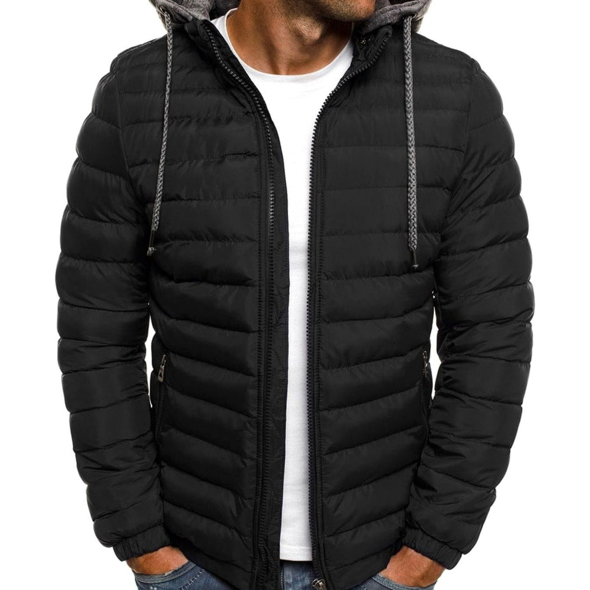 Men's Lightweight Quilted Hooded Puffer Jacket Thermal Insulated - Black