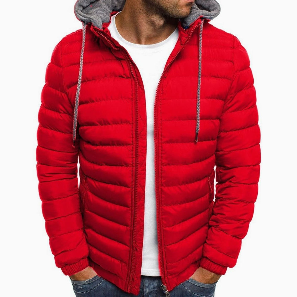 Men's Lightweight Quilted Hooded Puffer Jacket Thermal Insulated - Red