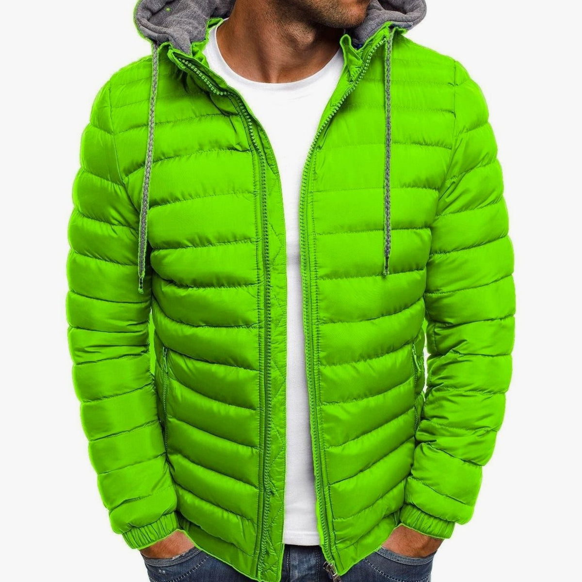 Men's Lightweight Quilted Hooded Puffer Jacket Thermal Insulated - Green