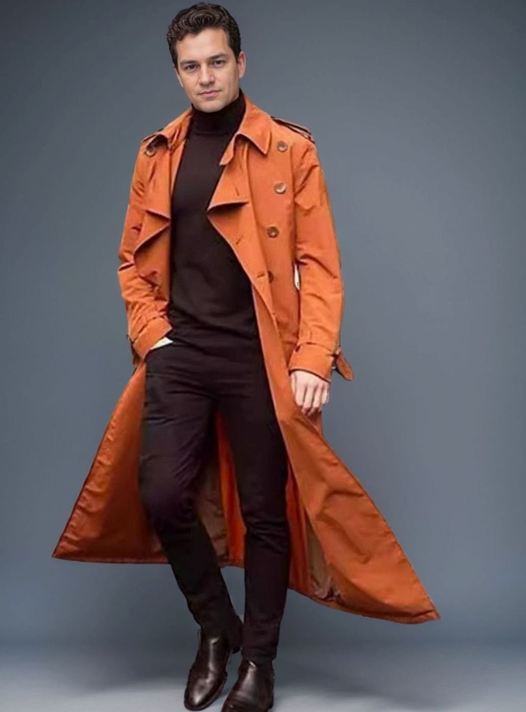 Men's Long Double-Breasted Belted Trench Coat Epaulette Detail - Orange