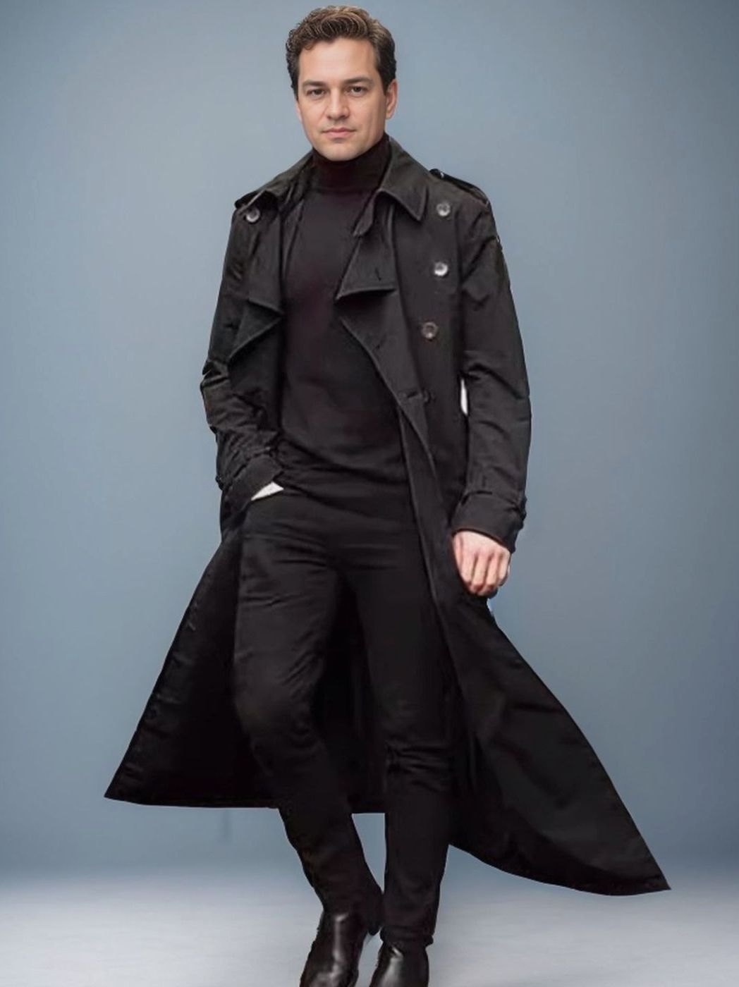 Men's Long Double-Breasted Belted Trench Coat Epaulette Detail - Black