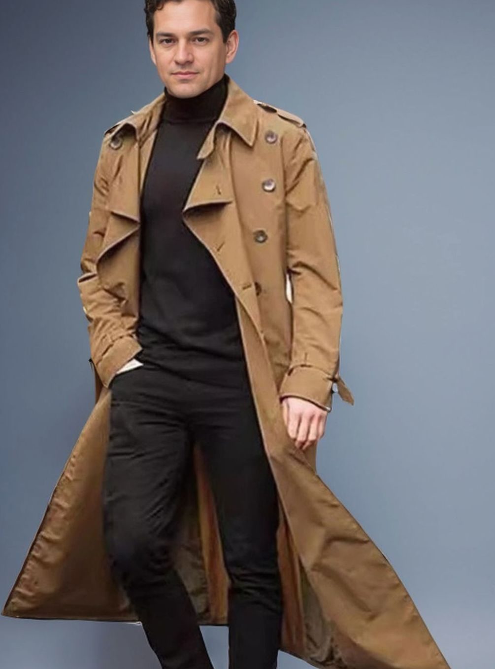 Men's Long Double-Breasted Belted Trench Coat Epaulette Detail - Khaki