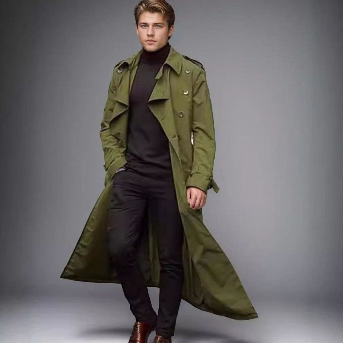Men's Long Double-Breasted Belted Trench Coat Epaulette Detail