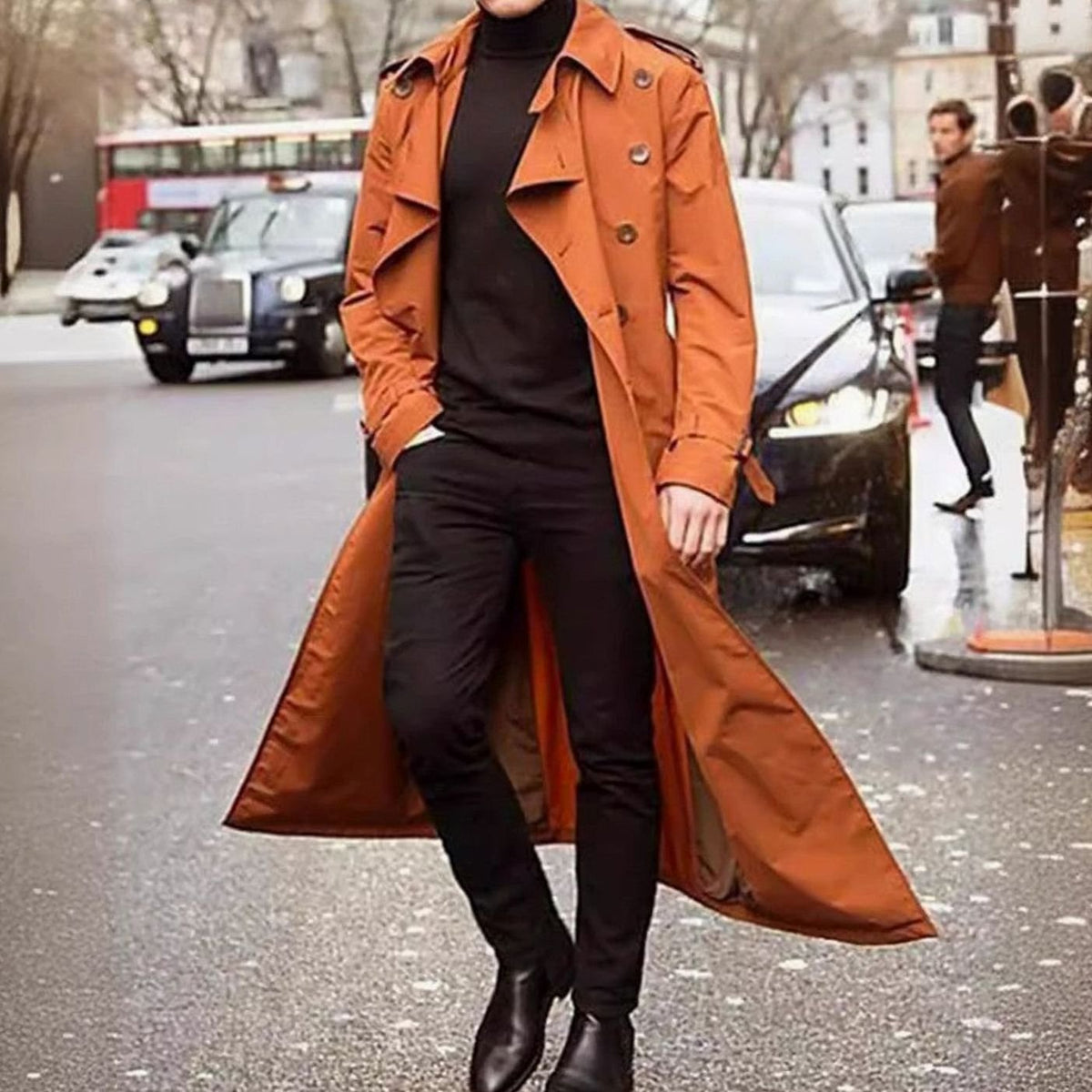 Men's Long Double-Breasted Belted Trench Coat Epaulette Detail