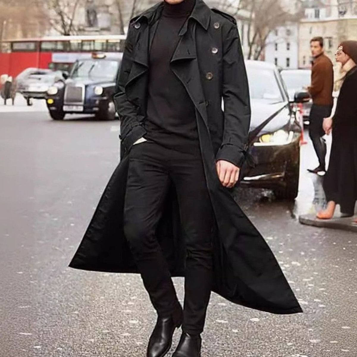 Men's Long Double-Breasted Belted Trench Coat Epaulette Detail