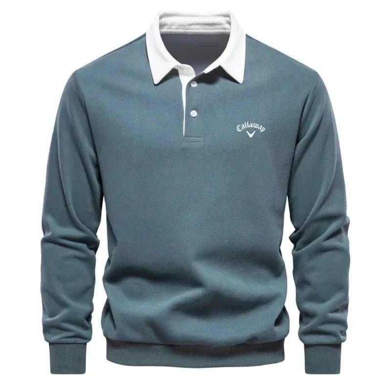 Men's Long-Sleeve Contrast Collar Cotton-Blend Golf Polo Jumper - Green