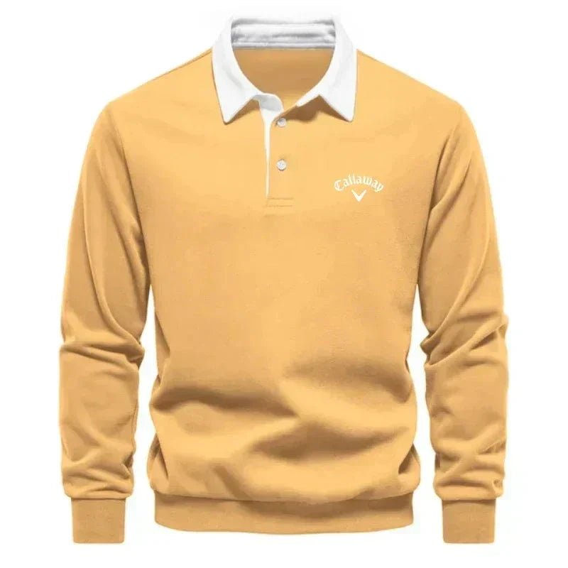 Men's Long-Sleeve Contrast Collar Cotton-Blend Golf Polo Jumper - Yellow