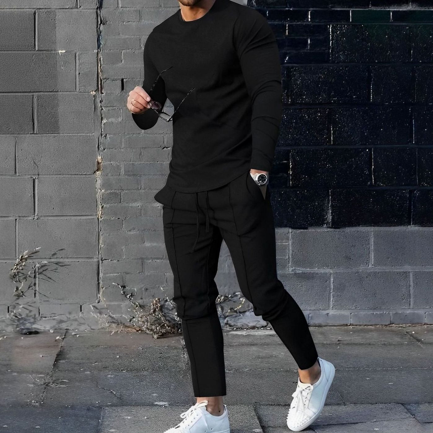 Men's Long-Sleeve Crew-Neck Jogger Two-Piece Sets - Black