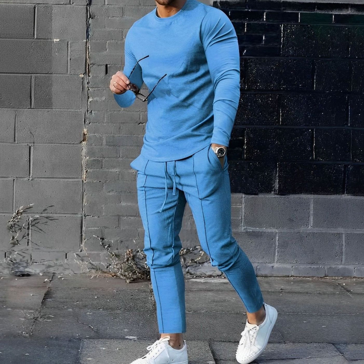 Men's Long-Sleeve Crew-Neck Jogger Two-Piece Sets - Blue
