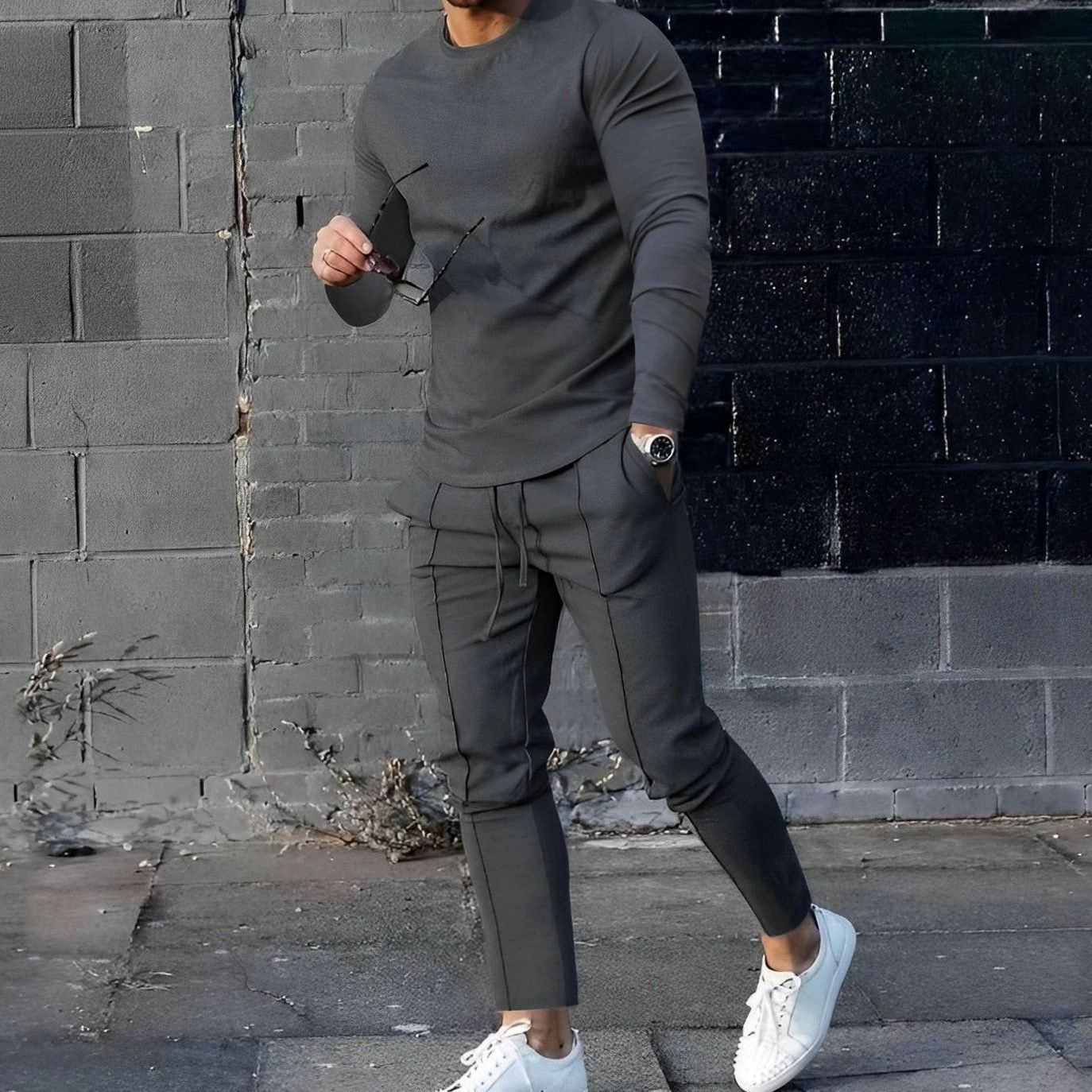Men's Long-Sleeve Crew-Neck Jogger Two-Piece Sets - Dark Grey