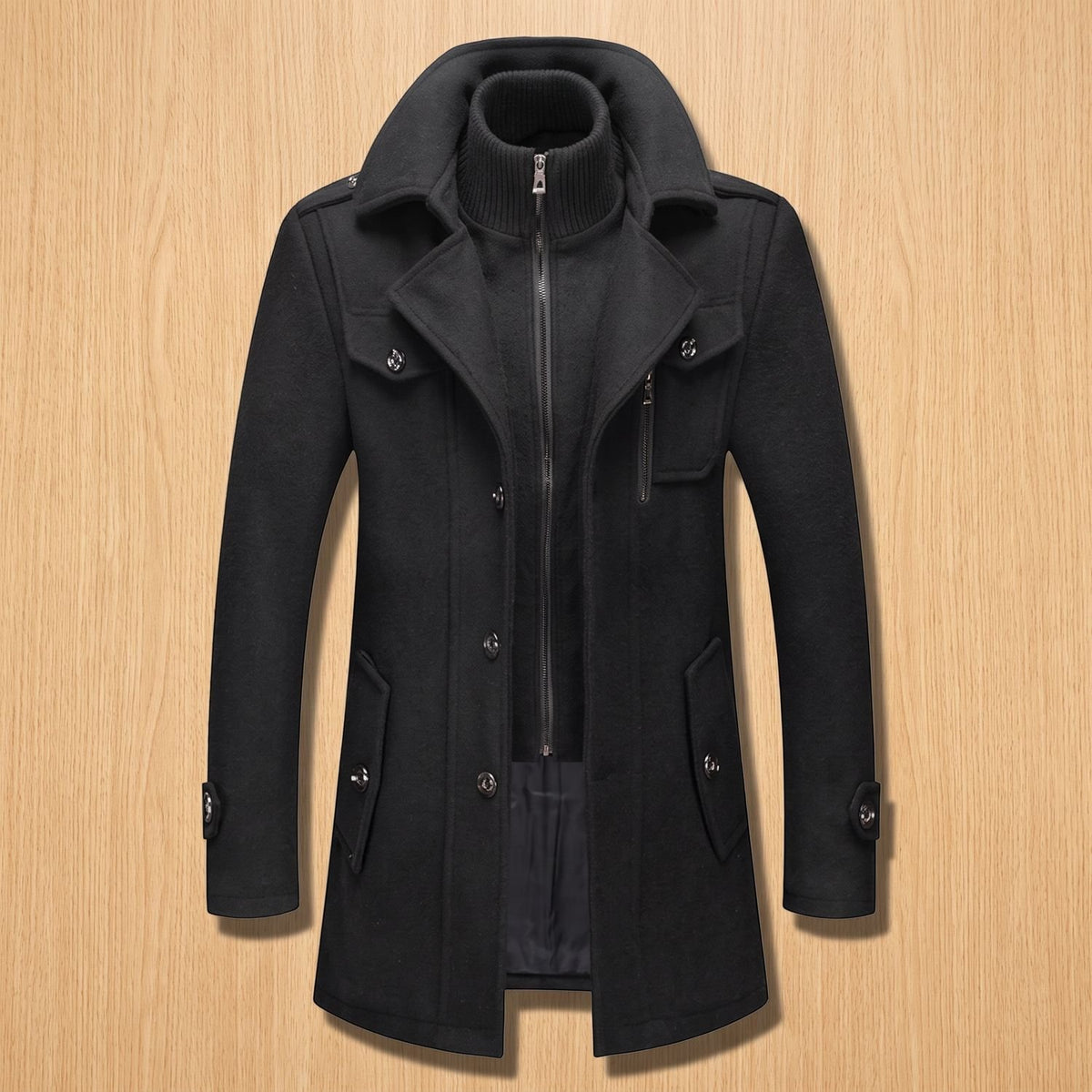 Men's Longline Heritage Wool Coat Button-Through Relaxed Fit - Black