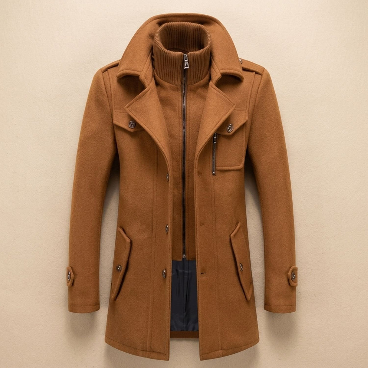 Men's Longline Heritage Wool Coat Button-Through Relaxed Fit - Brown