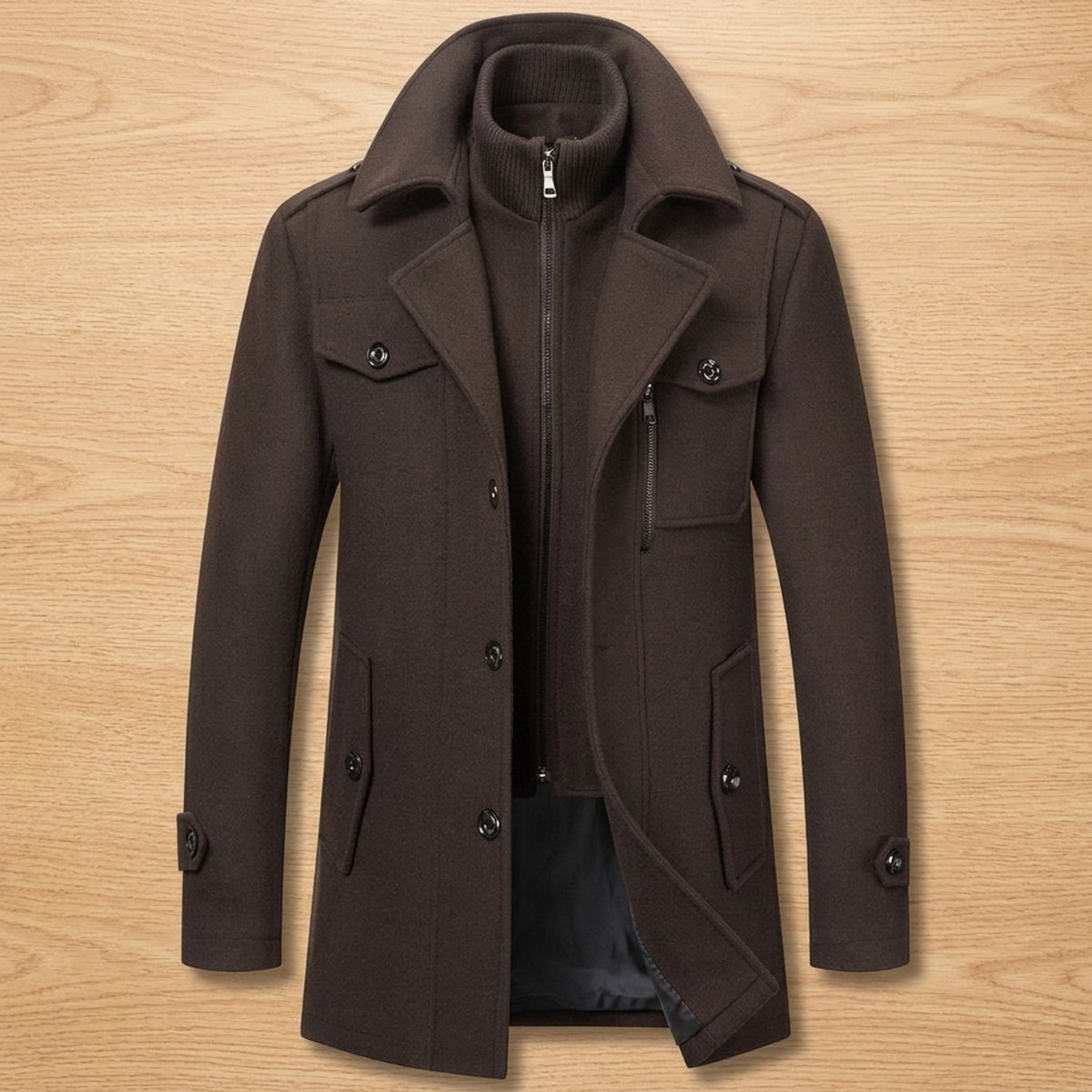 Men's Longline Heritage Wool Coat Button-Through Relaxed Fit - Dark Brown
