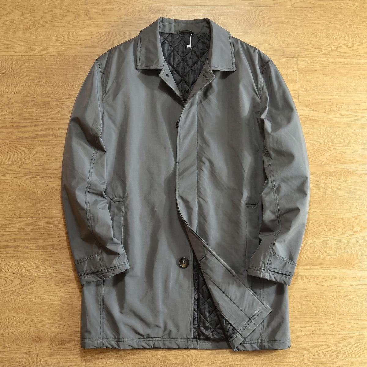 Men's Longline Quilted Button-Through Trench Coat - Grey