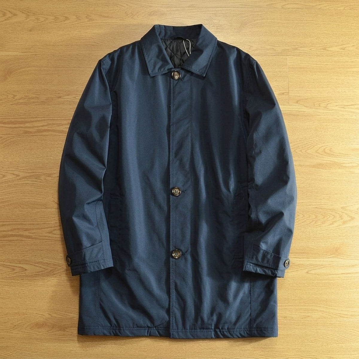 Men's Longline Quilted Button-Through Trench Coat - Navy Blue
