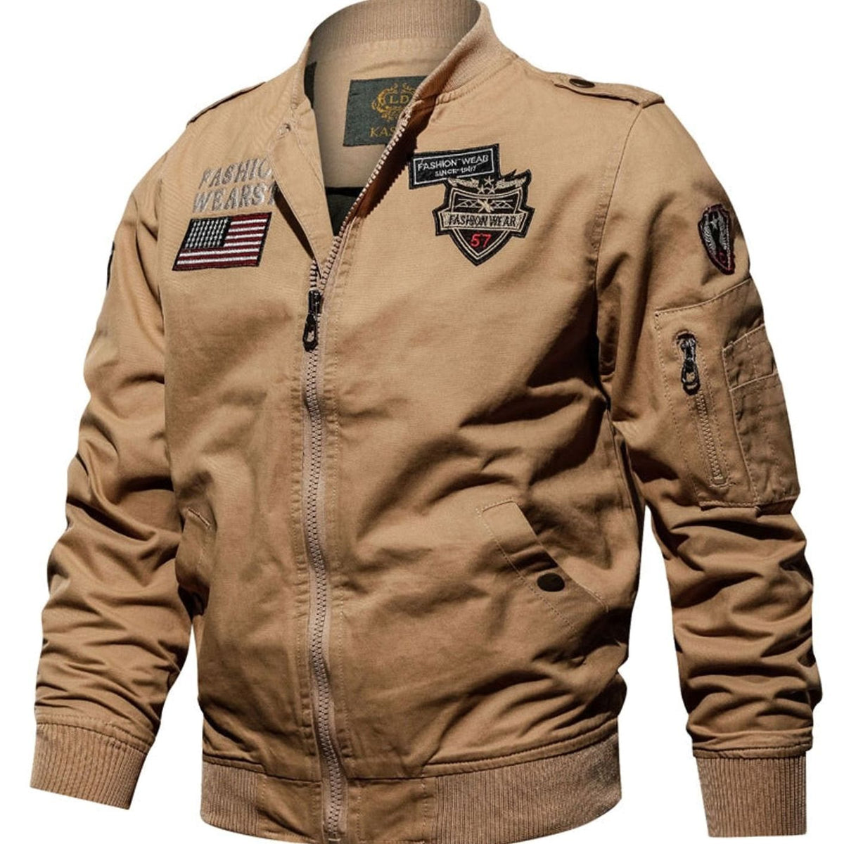 Men's Military Patch Zip-Up Bomber Jacket with Multi-Pockets - Khaki