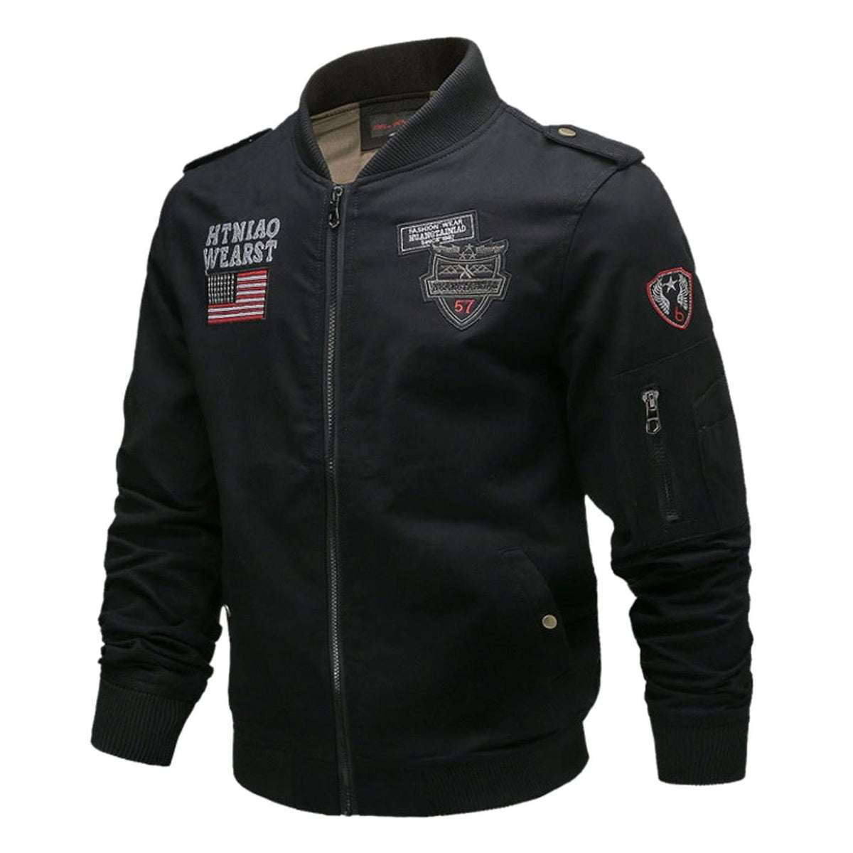 Men's Military Patch Zip-Up Bomber Jacket with Multi-Pockets