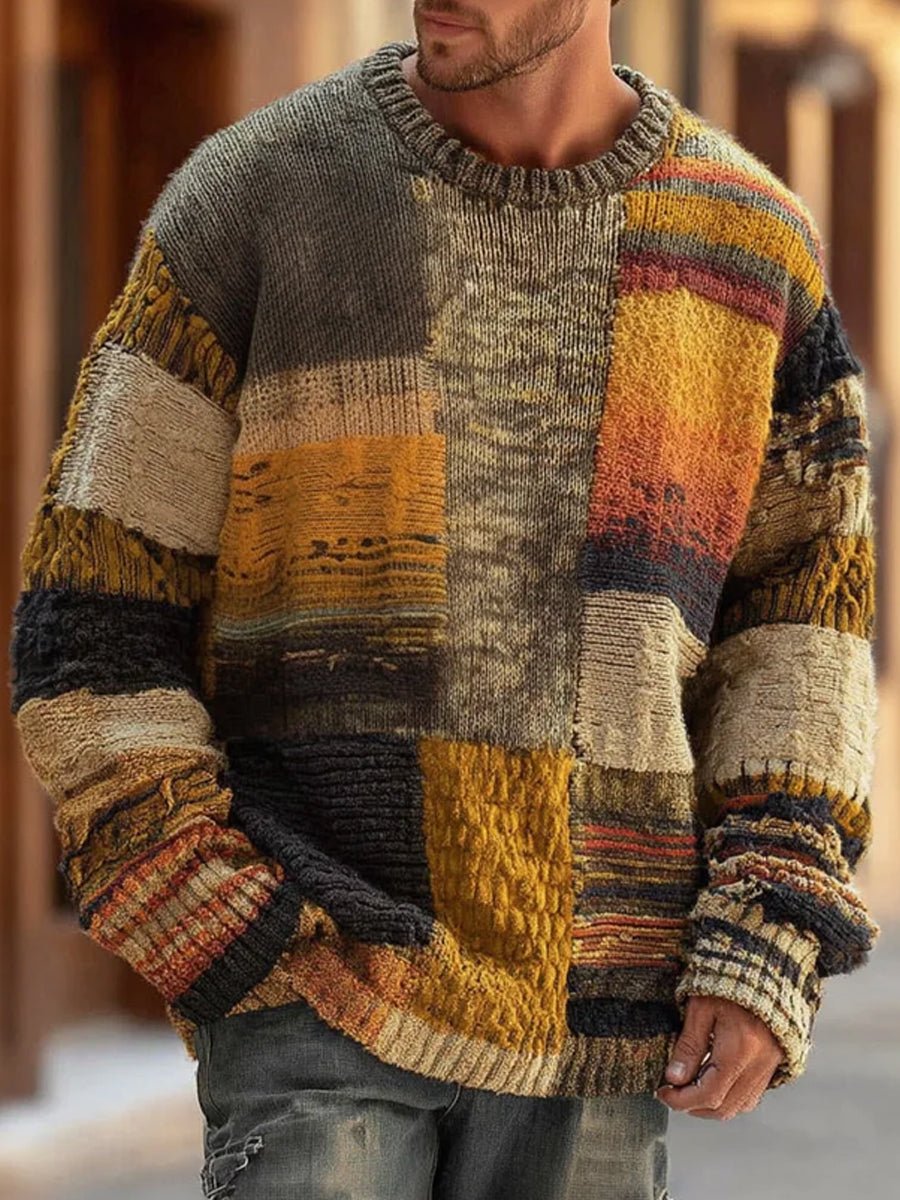 Men's Patchwork Colour-Block Knit Sweater Long Sleeve Jumper - Patchwork