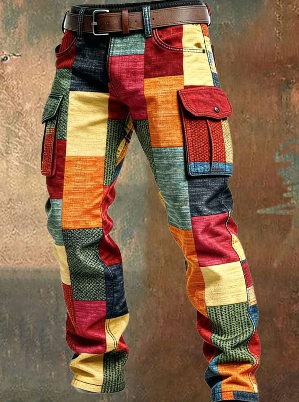 Men's Patchwork Colourblock Regular-Fit Cargo Trousers