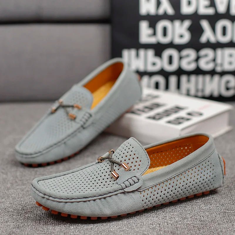 Men's Perforated Suede Slip-On Loafers Contrast Sole
