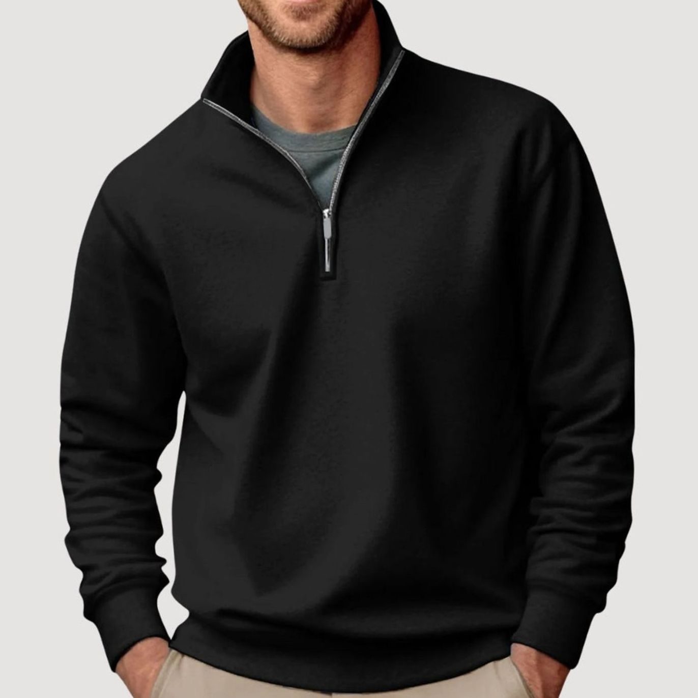Men's Quarter-Zip Collar Sweatshirt Relaxed Fit Pullover - Black