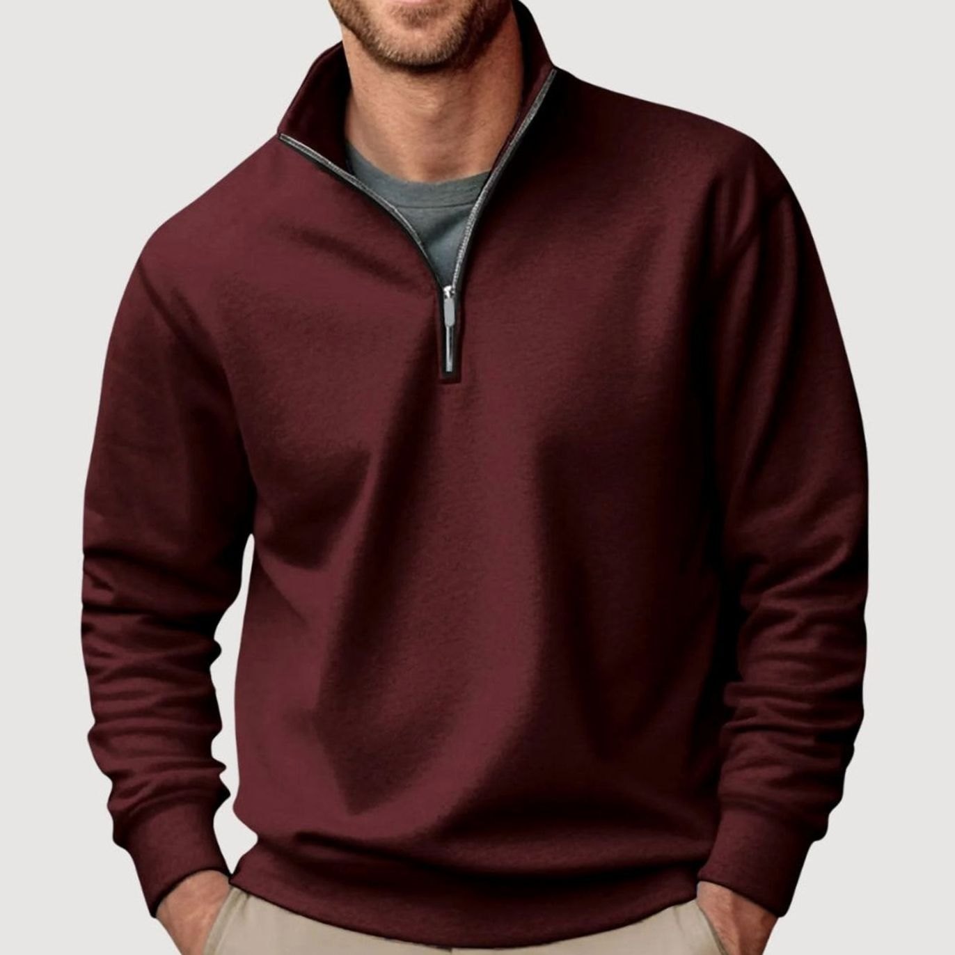 Men's Quarter-Zip Collar Sweatshirt Relaxed Fit Pullover - Brown