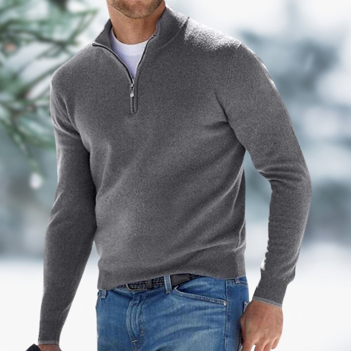 Men's Quarter-Zip Knit Sweater Soft Fine-Knit Pullover - Grey