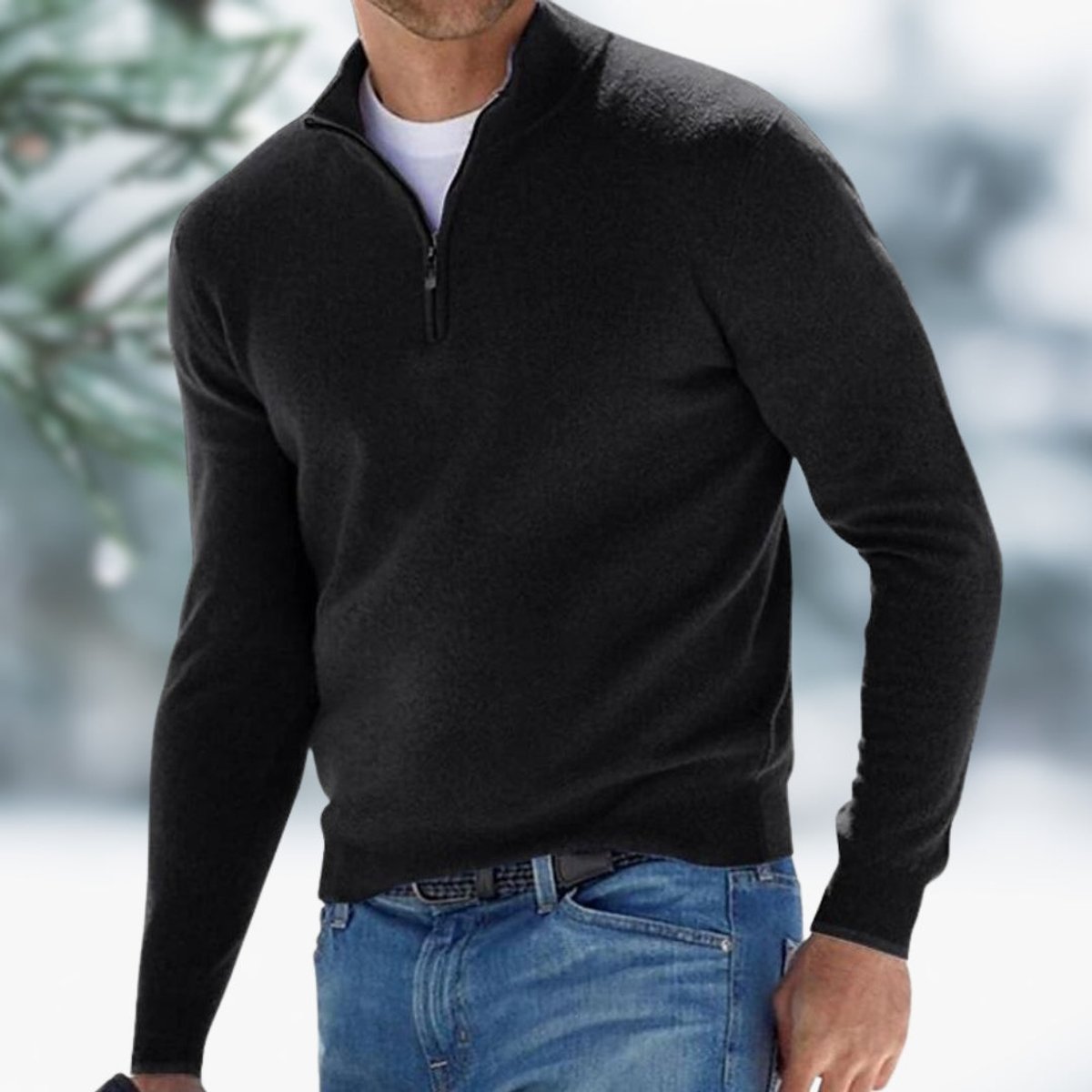 Men's Quarter-Zip Knit Sweater Soft Fine-Knit Pullover - Black
