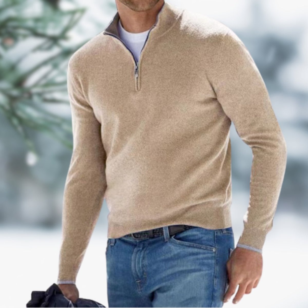 Men's Quarter-Zip Knit Sweater Soft Fine-Knit Pullover - Apricot