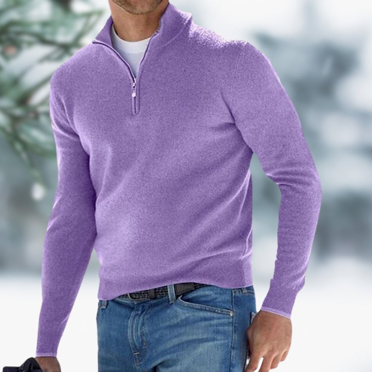 Men's Quarter-Zip Knit Sweater Soft Fine-Knit Pullover - Light Purple