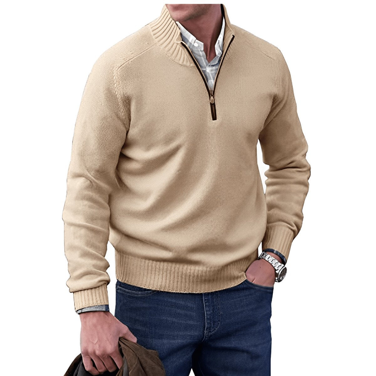 Men's Quarter-Zip Long-Sleeve Knit Pullover Sweater - Brown