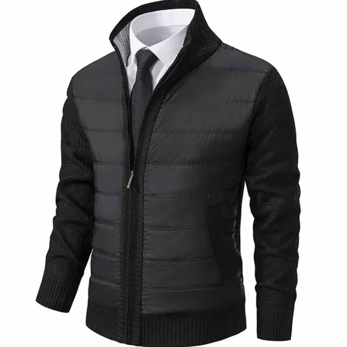 Men's Quilted-Body Knit-Sleeve Stand-Collar Slim-Fit Jacket - Black