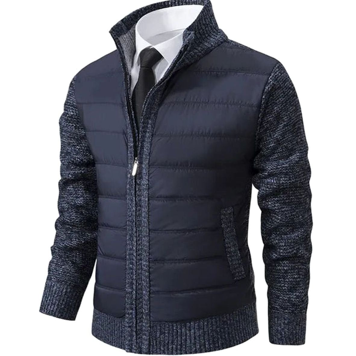 Men's Quilted-Body Knit-Sleeve Stand-Collar Slim-Fit Jacket - Navy Blue