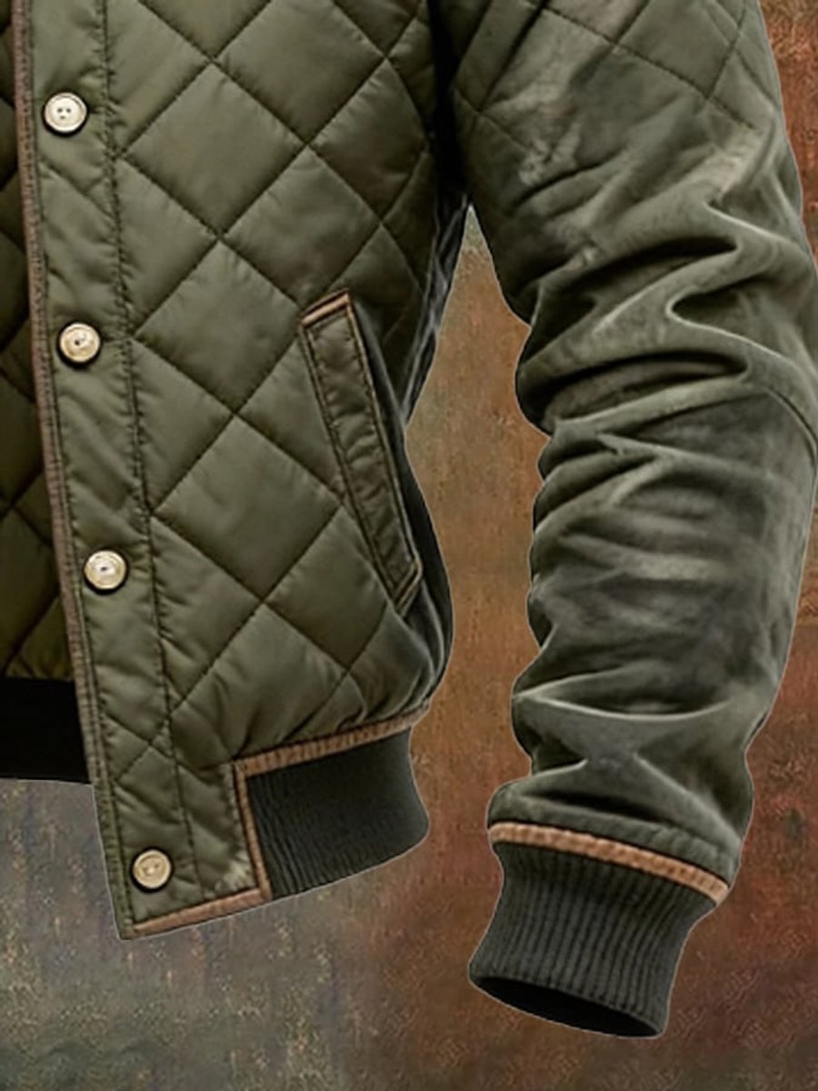 Men's Quilted Bomber Jacket Stand Collar Snap Button Insulated Coat