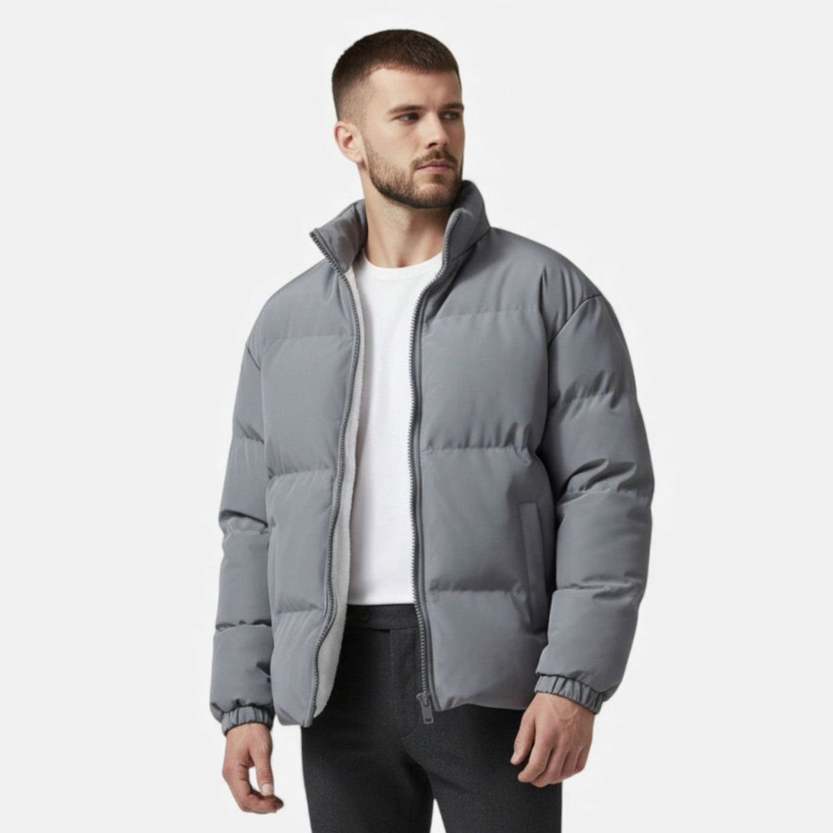 Men's Quilted Fleece-Lined Funnel-Neck Puffer Jacket