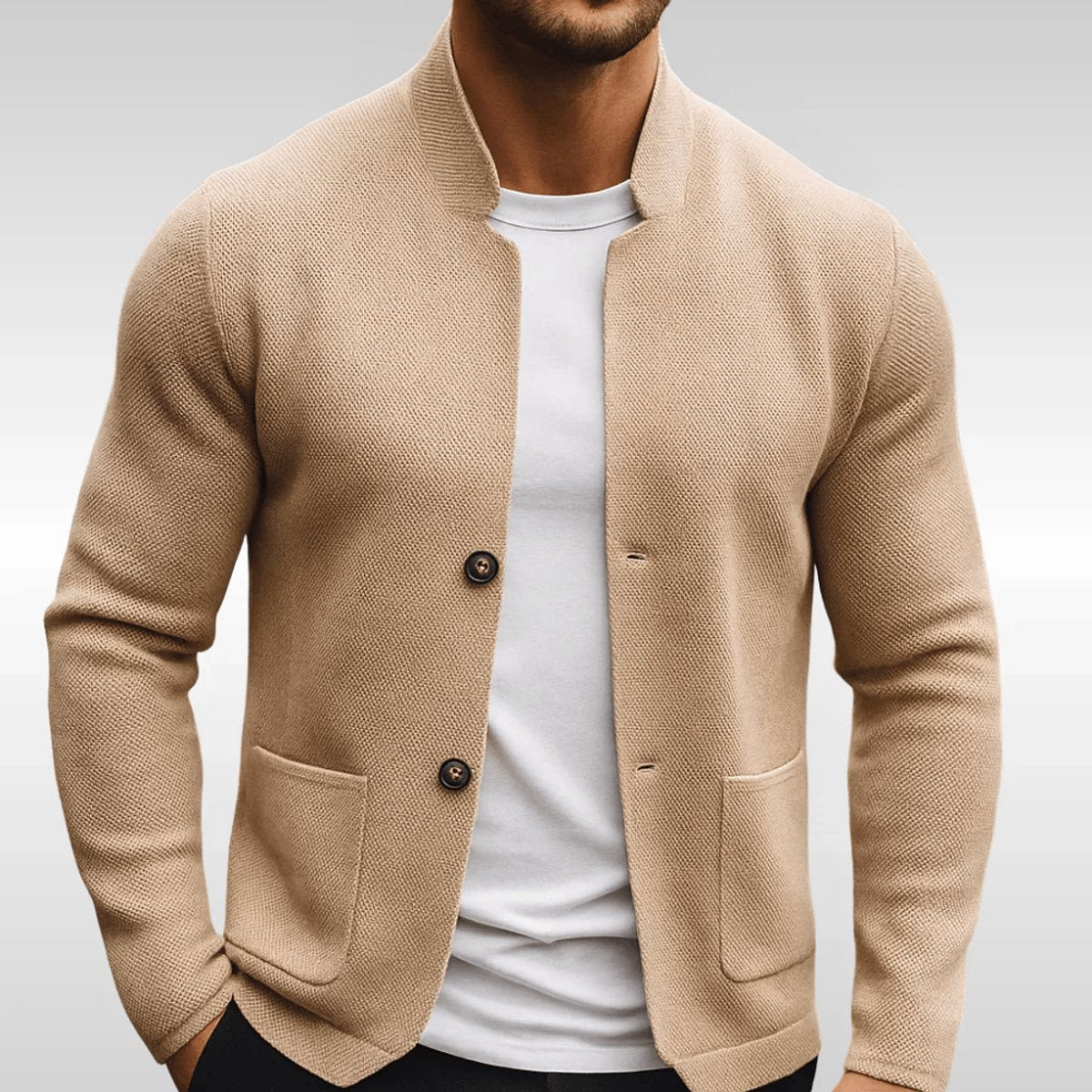 Mens Quilted Jacket Textured Knit Stand-Collar Button-Up Blazer - Beige