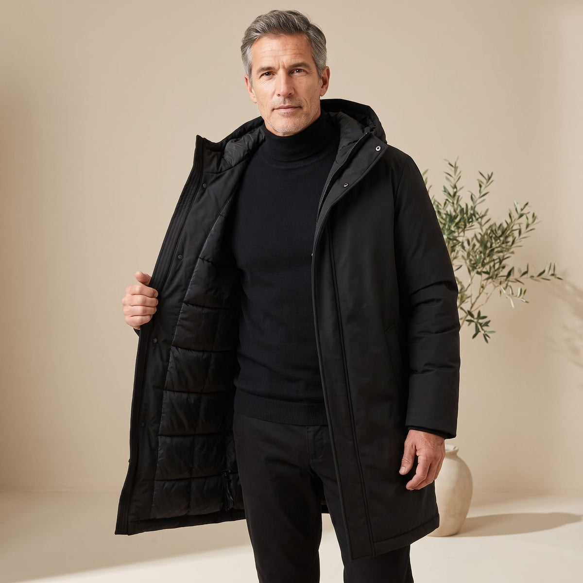 Men's Quilted-Lined Hooded Longline Insulated Coat