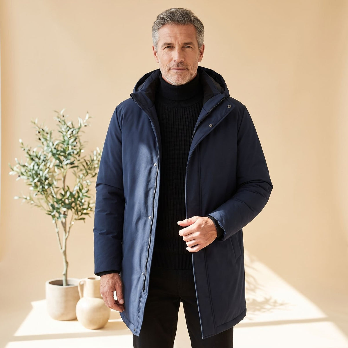 Men's Quilted-Lined Hooded Longline Insulated Coat - Black