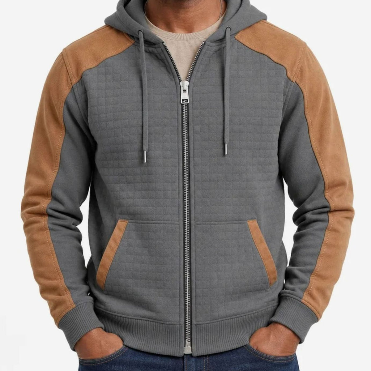 Men's Quilted Zip Up Hoodie Contrast Panel Hooded Sweatshirt - Grey